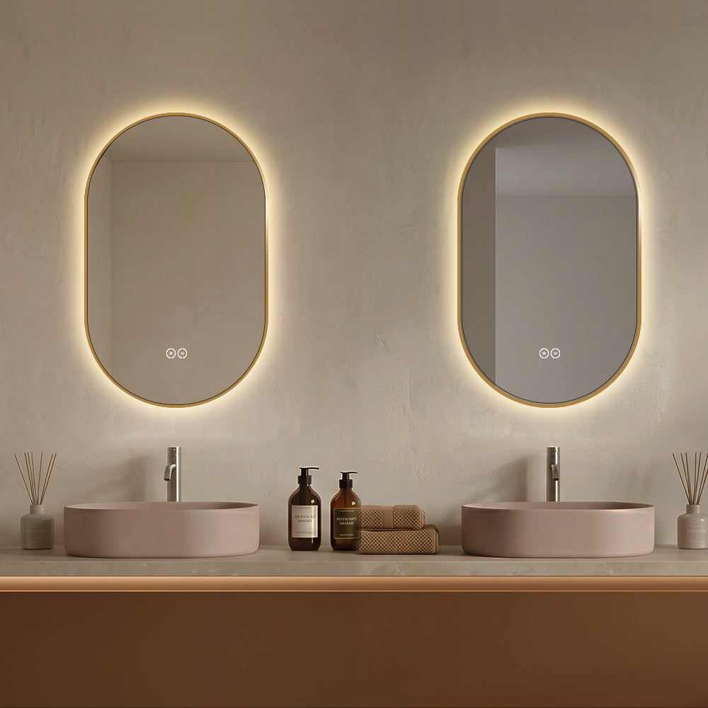 Ovalt Spejl med LED-lys og Antidug 50x80 cm m/guld ramme
