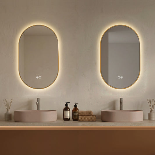 Ovalt Spejl med LED-lys og Antidug 50x80 cm m/guld ramme