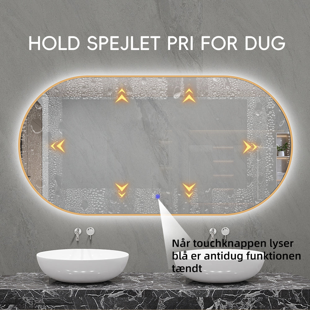 Stort ovalt spejl til badeværelset. Bredde 150 cm og en højde på 80 cm. Spejlet kommer med smart antidug varmefunktion som holder spejlet fra fra dug
