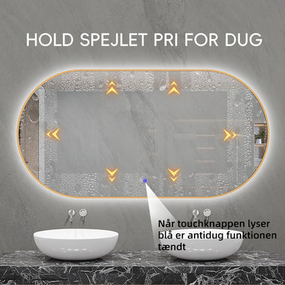 Stort ovalt spejl til badeværelset. Bredde 150 cm og en højde på 80 cm. Spejlet kommer med smart antidug varmefunktion som holder spejlet fra fra dug
