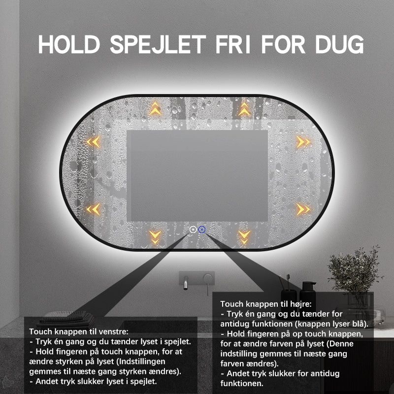 Ovalt Spejl med Lys og Antidug 140x80 cm m/sort ramme