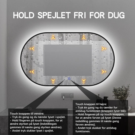 Ovalt Spejl med Lys og Antidug 140x80 cm m/sort ramme