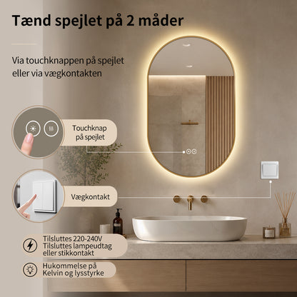 Ovalt Spejl med LED-lys og Antidug 50x80 cm m/guld ramme