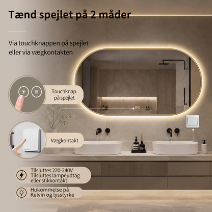 Ovalt Spejl med Lys og Antidug 150x80 cm m/guld ramme