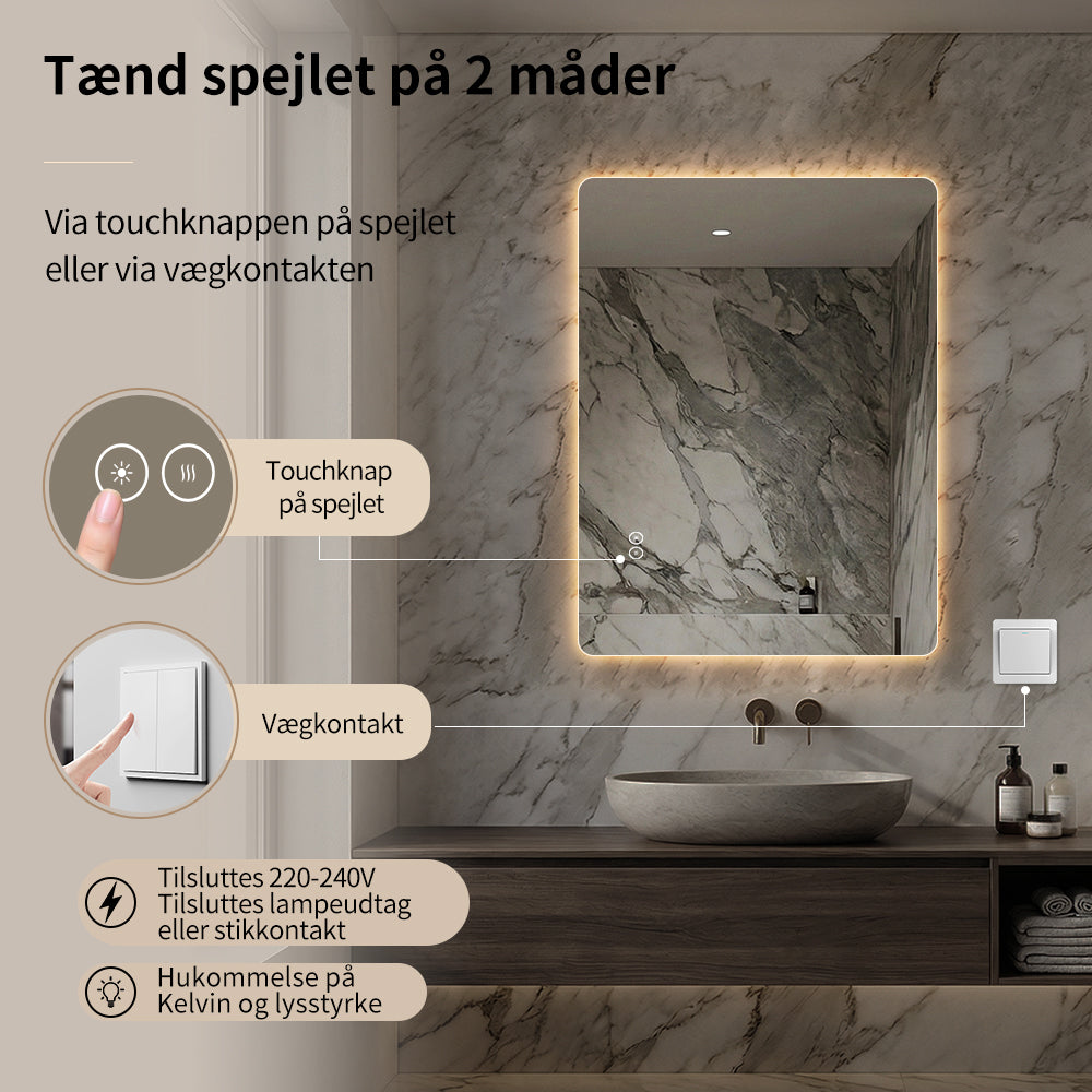 Rektangulært Spejl med LED-lys og Antidug 60x80 cm