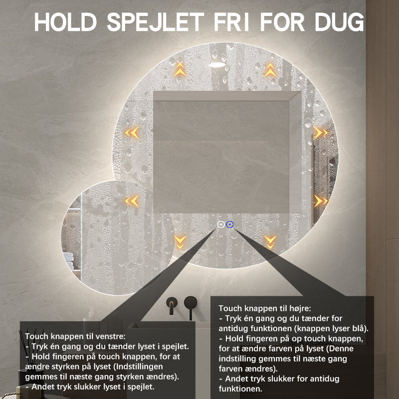 Dobbelt spejl med LED-lys og Antidug Ø80 + Ø40 cm (Højrevendt)