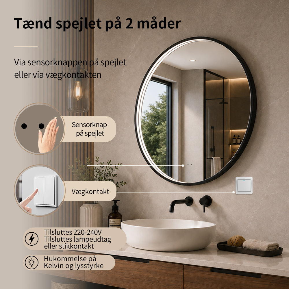 Rundt Spejl med LED-lys i Ramme og Antidug Ø80, Sort Ramme
