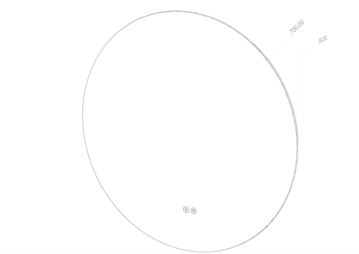 Spejl Ø70 cm med lys og antidug tegning forfra