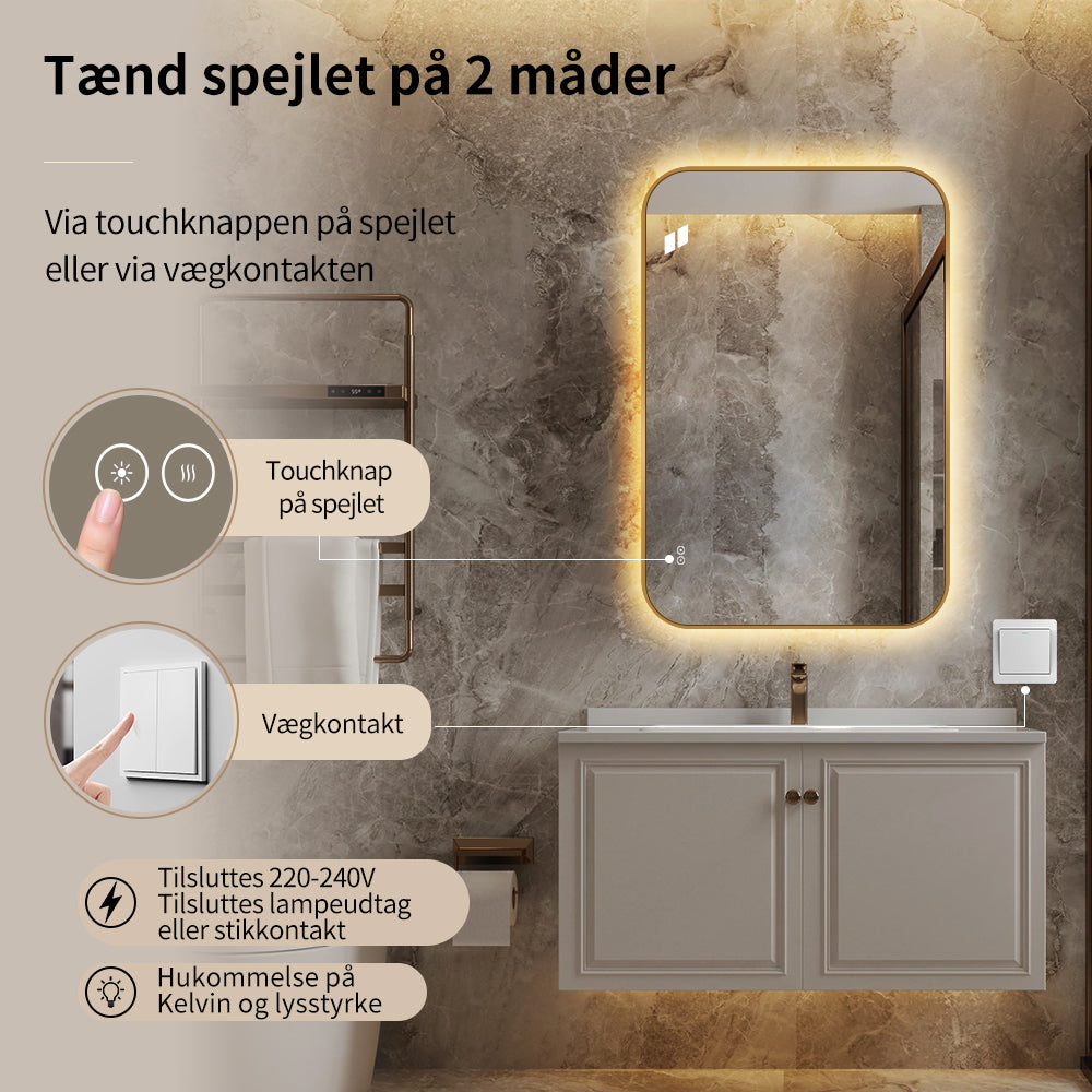 Rektangulært Spejl, med LED-lys og Antidug 80x120 cm - Guld ramme, runde hjørner