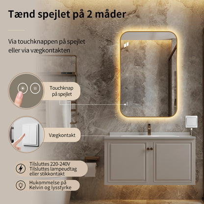 Rektangulært Spejl, med LED-lys og Antidug 80x120 cm - Guld ramme, runde hjørner