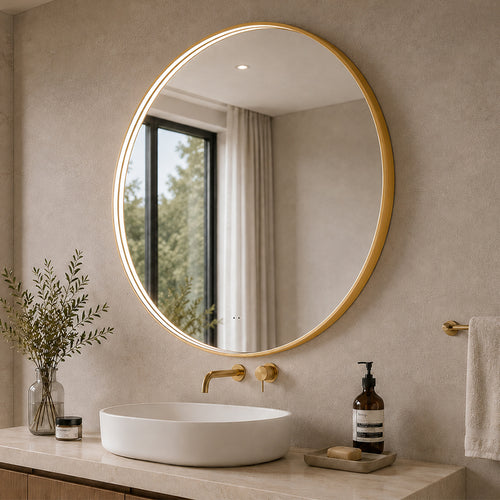 Rundt Spejl med LED-lys i Ramme og Antidug Ø100, Guld Ramme