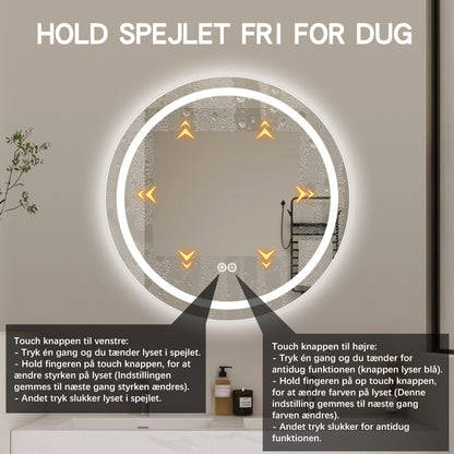 Rundt Spejl med LED-lys (front + backlight) og Antidug Ø80 cm