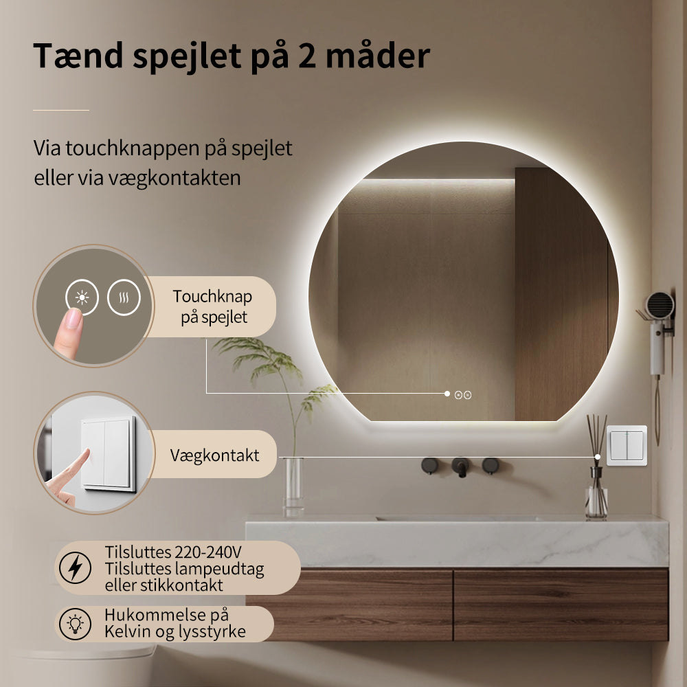 Rundt spejl med LED-lys og Antidug Ø80 cm - Skåret