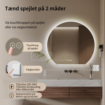 Rundt spejl med LED-lys og Antidug Ø80 cm - Skåret