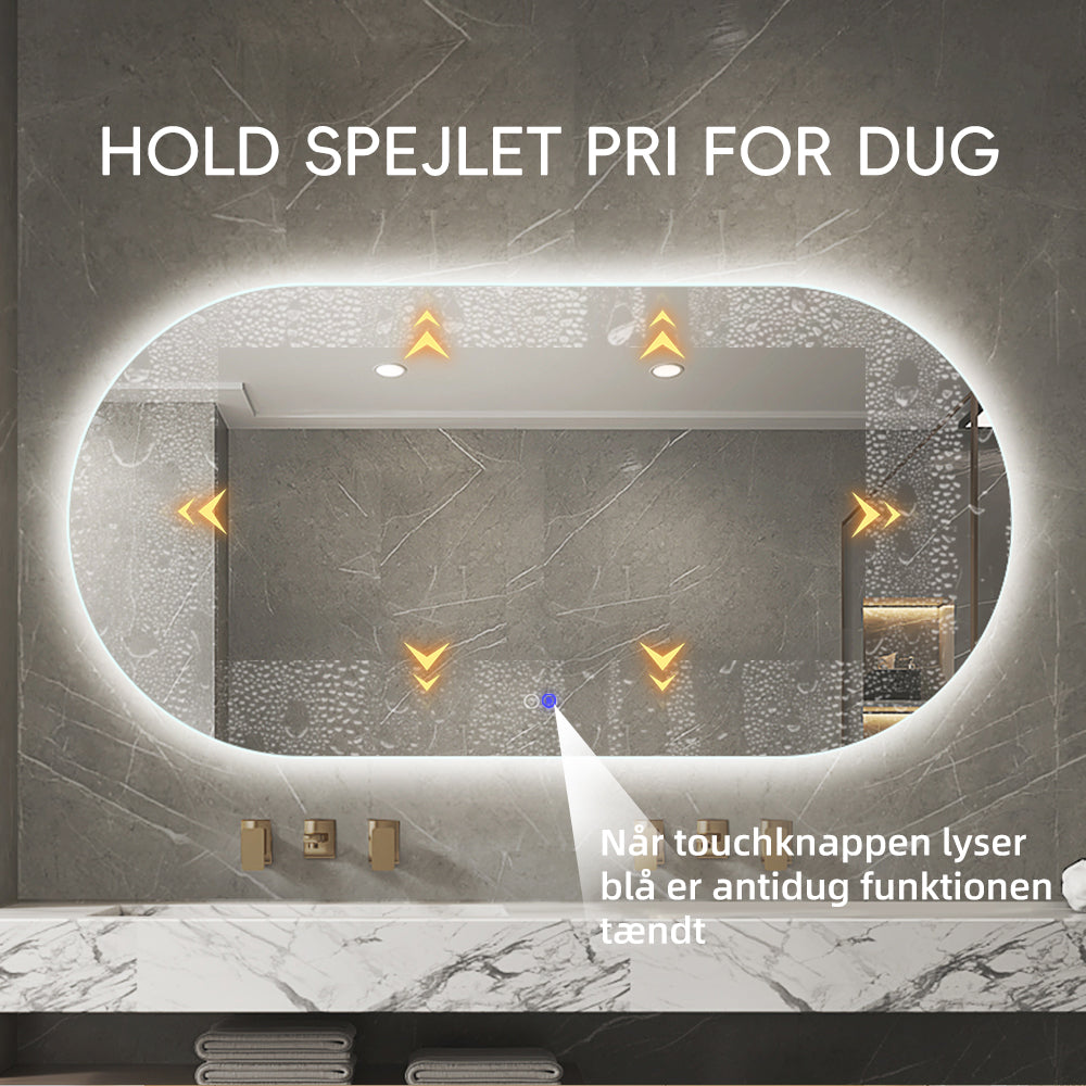 Den smarte antidug varme funktion i spejlet holder spejlet fri for dug. Stort Ovalt spejl på 150x80 cm