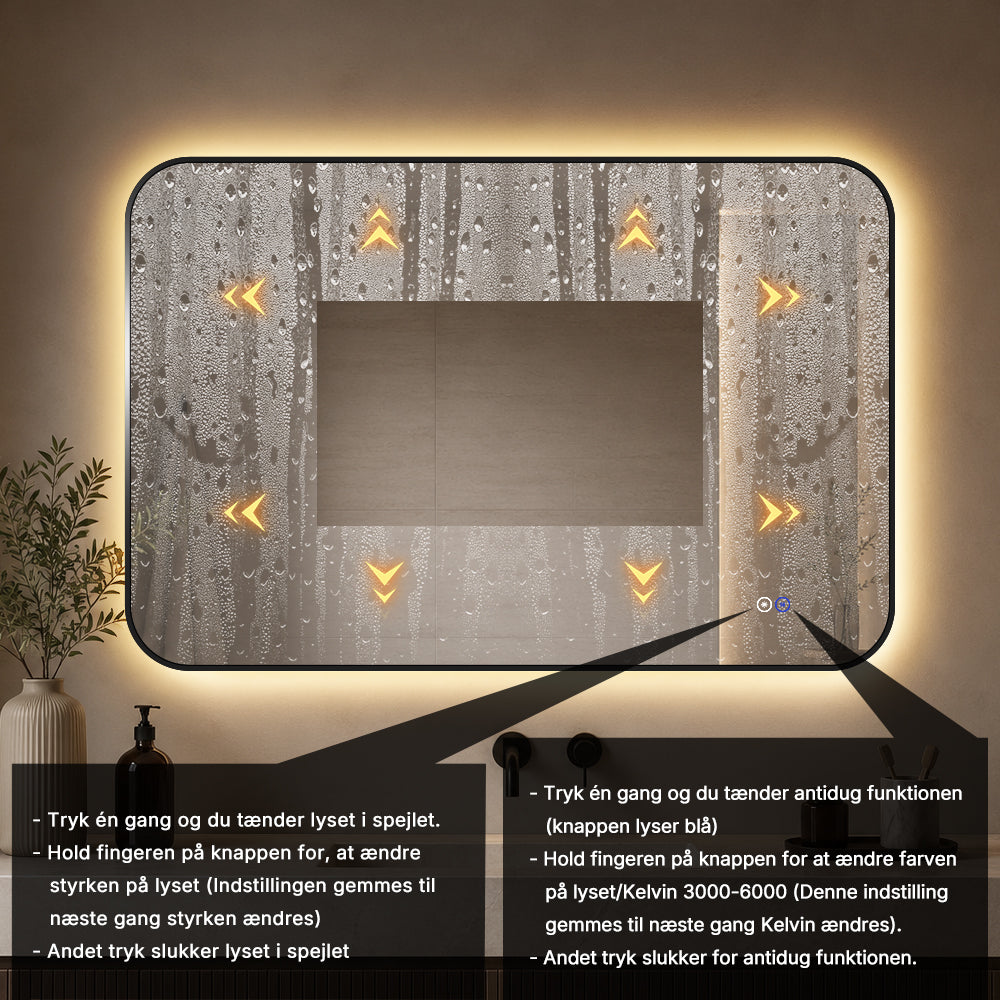 Rektangulært Spejl, med LED-lys og Antidug 120x80 cm - Sort ramme, runde hjørner