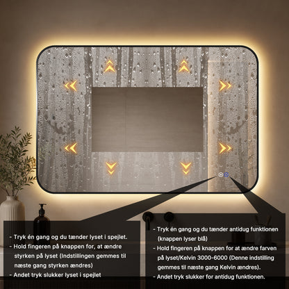 Rektangulært Spejl, med LED-lys og Antidug 120x80 cm - Sort ramme, runde hjørner