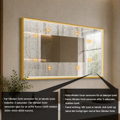 Rektangulært Spejl med LED-lys i Ramme og Antidug 120x80 cm, Guld Ramme