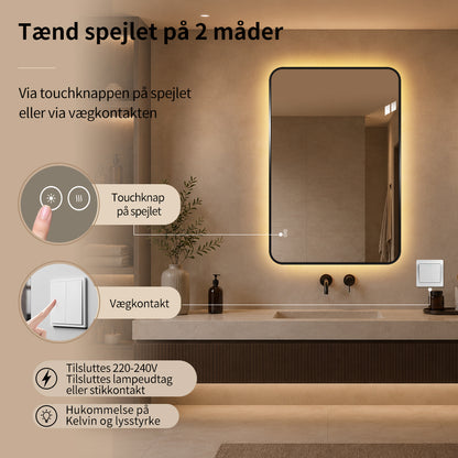 Rektangulært Spejl, med LED-lys og Antidug 80x120 cm - Sort ramme, runde hjørner