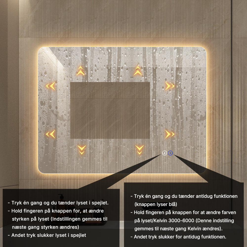 Rektangulært Spejl med LED-lys og Antidug 80x60 cm