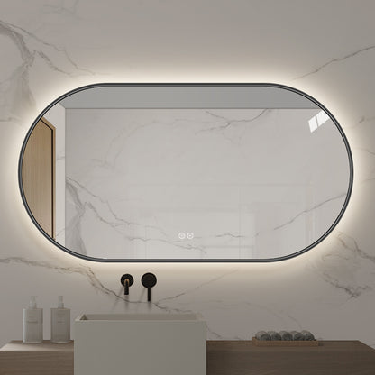 NYHED: Ovalt Spejl med Lys og Antidug 150x80 cm m/sort ramme