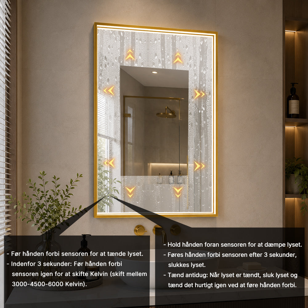 Rektangulært Spejl med LED-lys i Ramme og Antidug 80x120 cm, Guld Ramme