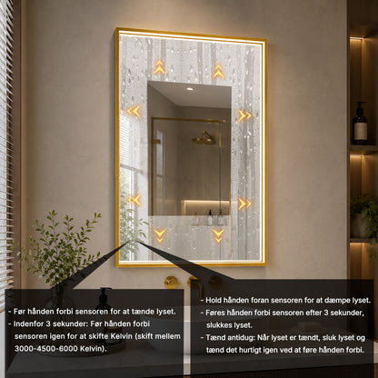 Rektangulært Spejl med LED-lys i Ramme og Antidug 80x120 cm, Guld Ramme