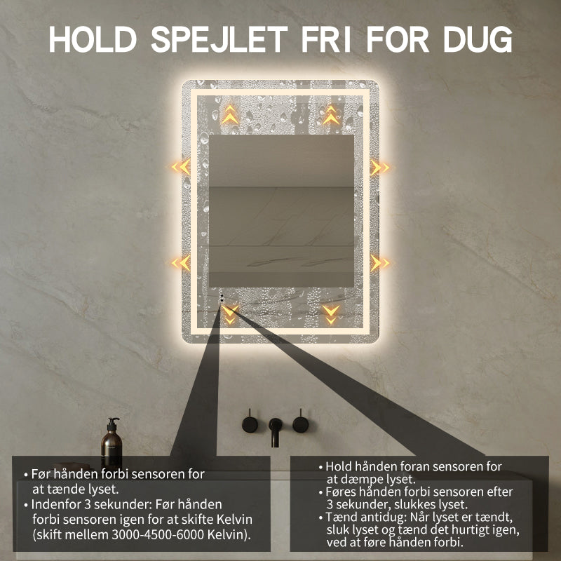 Firkantet Spejl med LED-lys (front + backlight) og Antidug 60x80 cm