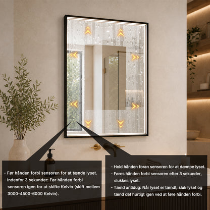 Rektangulært Spejl med LED-lys i Ramme og Antidug 60x80 cm, Sort Ramme