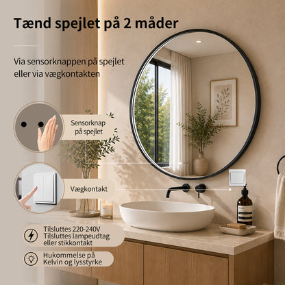Rundt Spejl med LED-lys i Ramme og Antidug Ø100, Sort Ramme