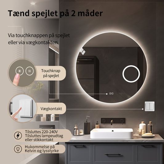 Rundt spejl med LED-lys og Antidug Ø80 cm m/makeup spejl