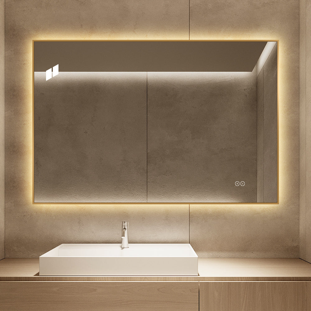 Rektangulært Spejl med LED-lys og Antidug 120x80 cm - Guld ramme 90º