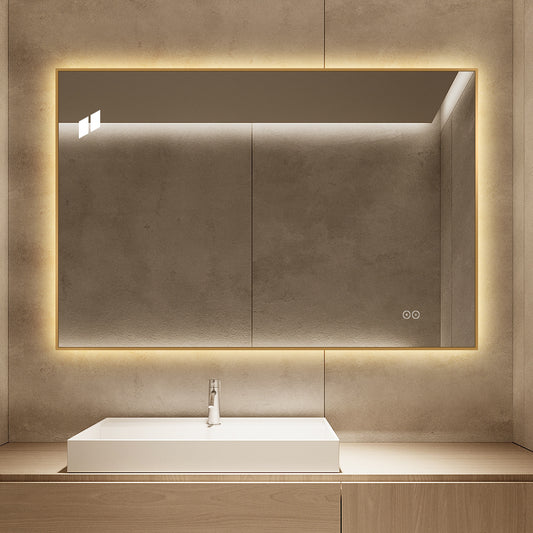 Rektangulært Spejl med LED-lys og Antidug 120x80 cm - Guld ramme 90º