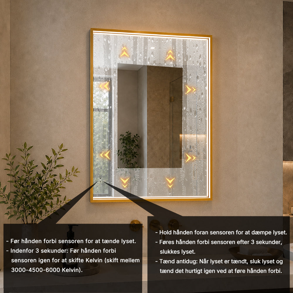 Rektangulært Spejl med LED-lys i Ramme og Antidug 60x80 cm, Guld Ramme