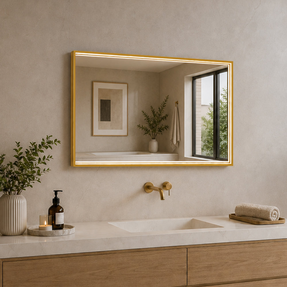 Rektangulært Spejl med LED-lys i Ramme og Antidug 80x60 cm, Guld Ramme