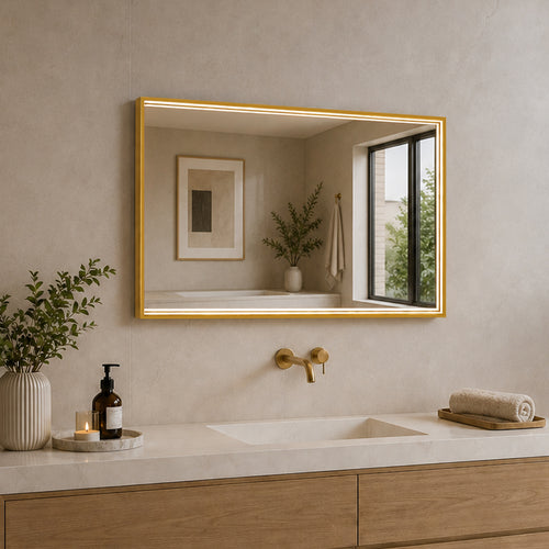 Rektangulært Spejl med LED-lys i Ramme og Antidug 80x60 cm, Guld Ramme