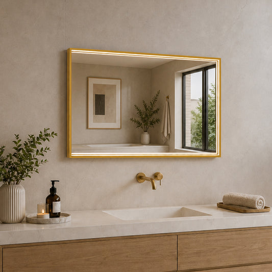 Rektangulært Spejl med LED-lys i Ramme og Antidug 80x60 cm, Guld Ramme