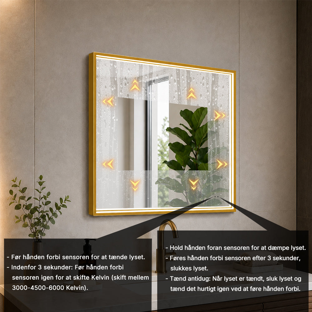 Firkantet Spejl med LED-lys i Ramme og Antidug 80x80 cm, Guld Ramme