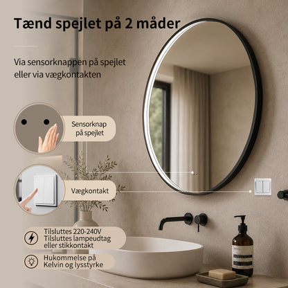 Rundt Spejl med LED-lys i Ramme og Antidug Ø60, Sort Ramme