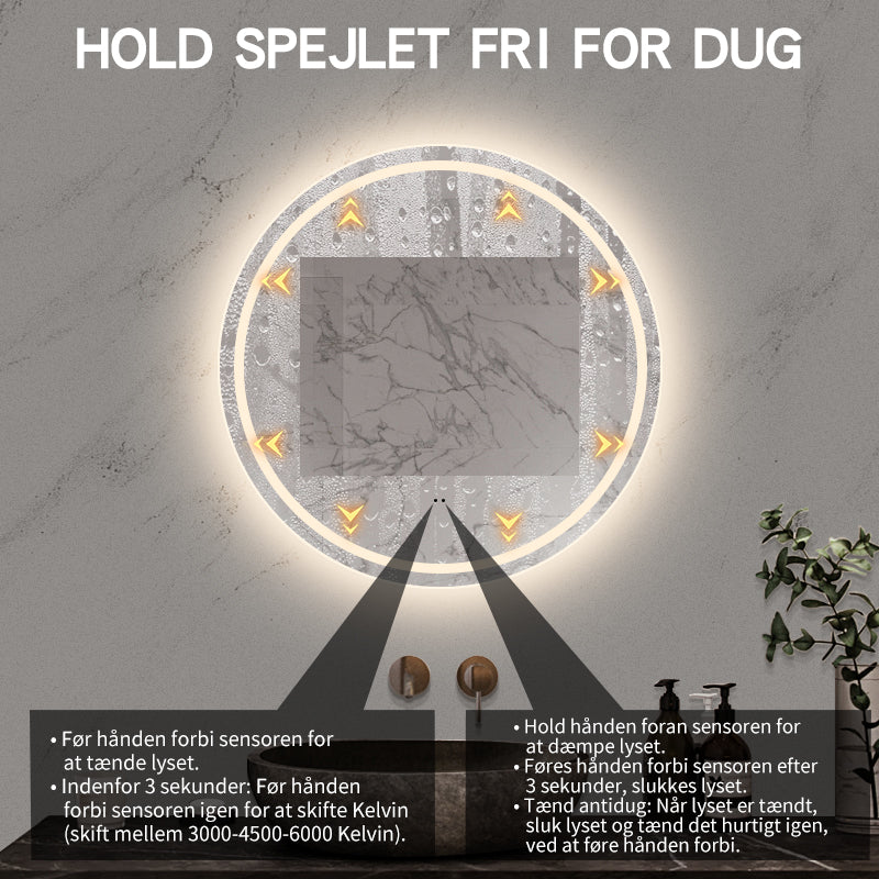 Rundt Spejl med LED-lys (front + backlight) og Antidug Ø80 cm