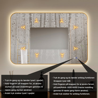 Rektangulært Spejl, med LED-lys og Antidug 120x80 cm - Guld ramme, runde hjørner