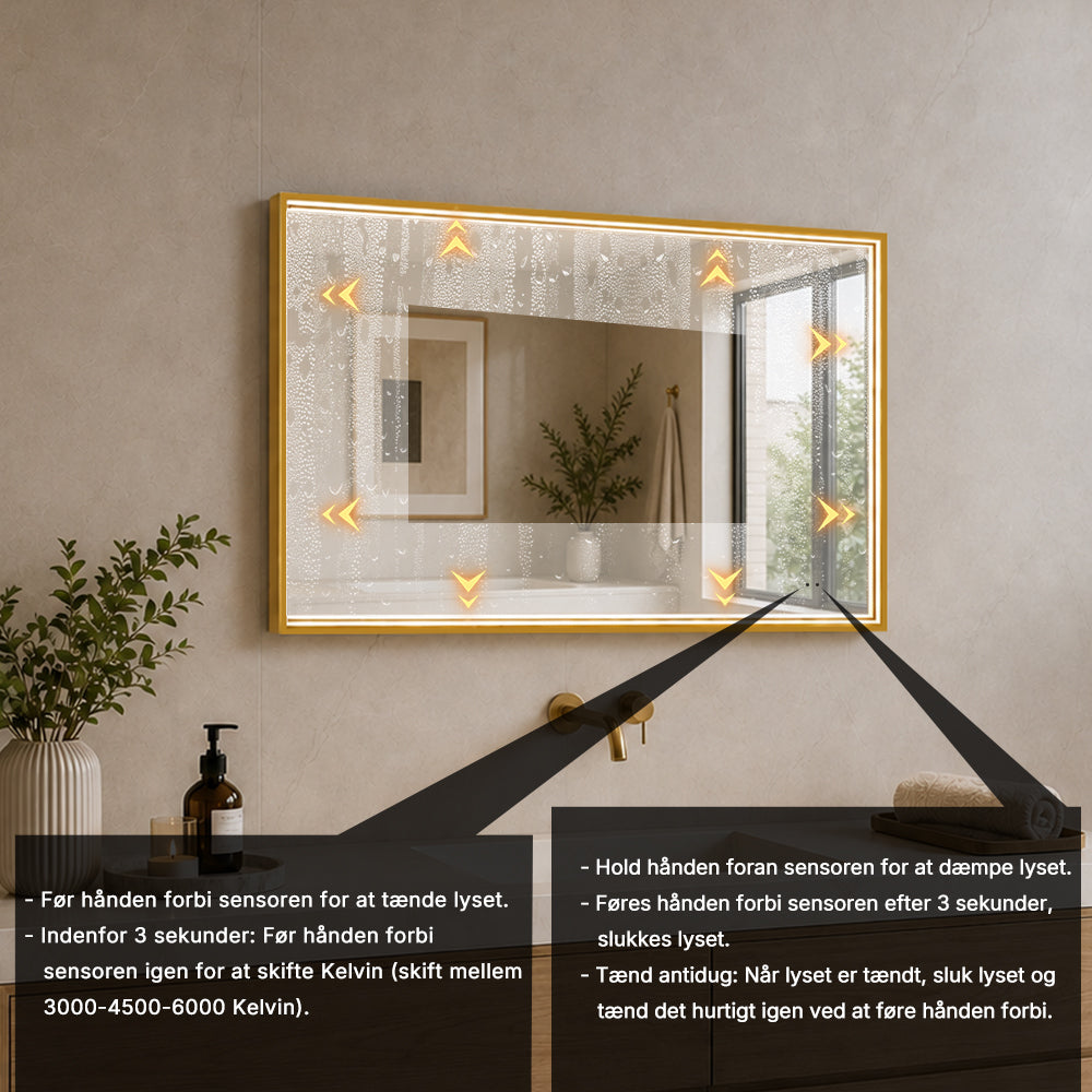Rektangulært Spejl med LED-lys i Ramme og Antidug 80x60 cm, Guld Ramme