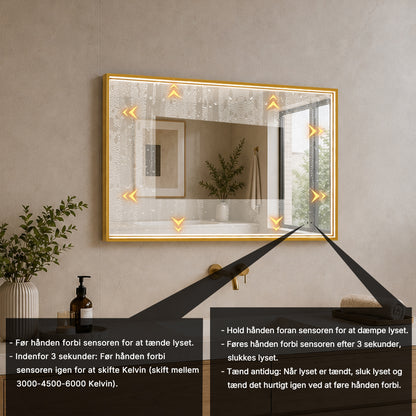 Rektangulært Spejl med LED-lys i Ramme og Antidug 80x60 cm, Guld Ramme