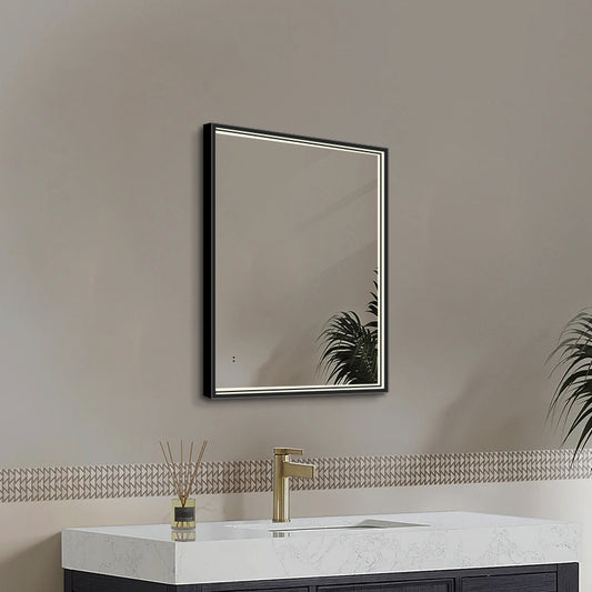 Firkantet Spejl med LED-lys i Ramme og Antidug 80x80 cm, Sort Ramme