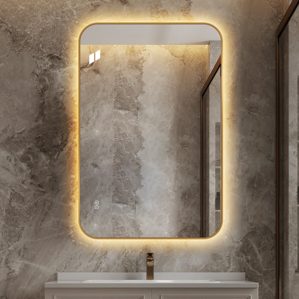 Rektangulært Spejl, med LED-lys og Antidug 80x120 cm - Guld ramme, runde hjørner
