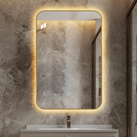 Rektangulært Spejl, med LED-lys og Antidug 80x120 cm - Guld ramme, runde hjørner