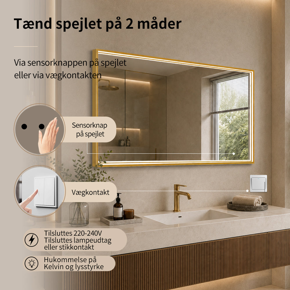 Rektangulært Spejl med LED-lys i Ramme og Antidug 120x80 cm, Guld Ramme