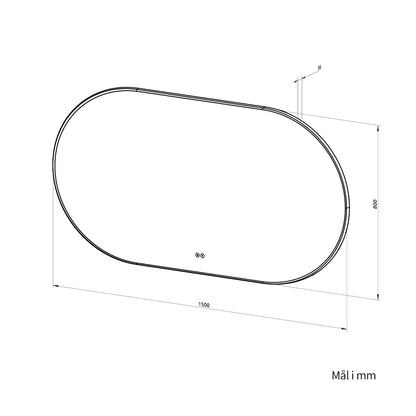Ovalt Spejl med Lys og Antidug 150x80 cm m/sort ramme