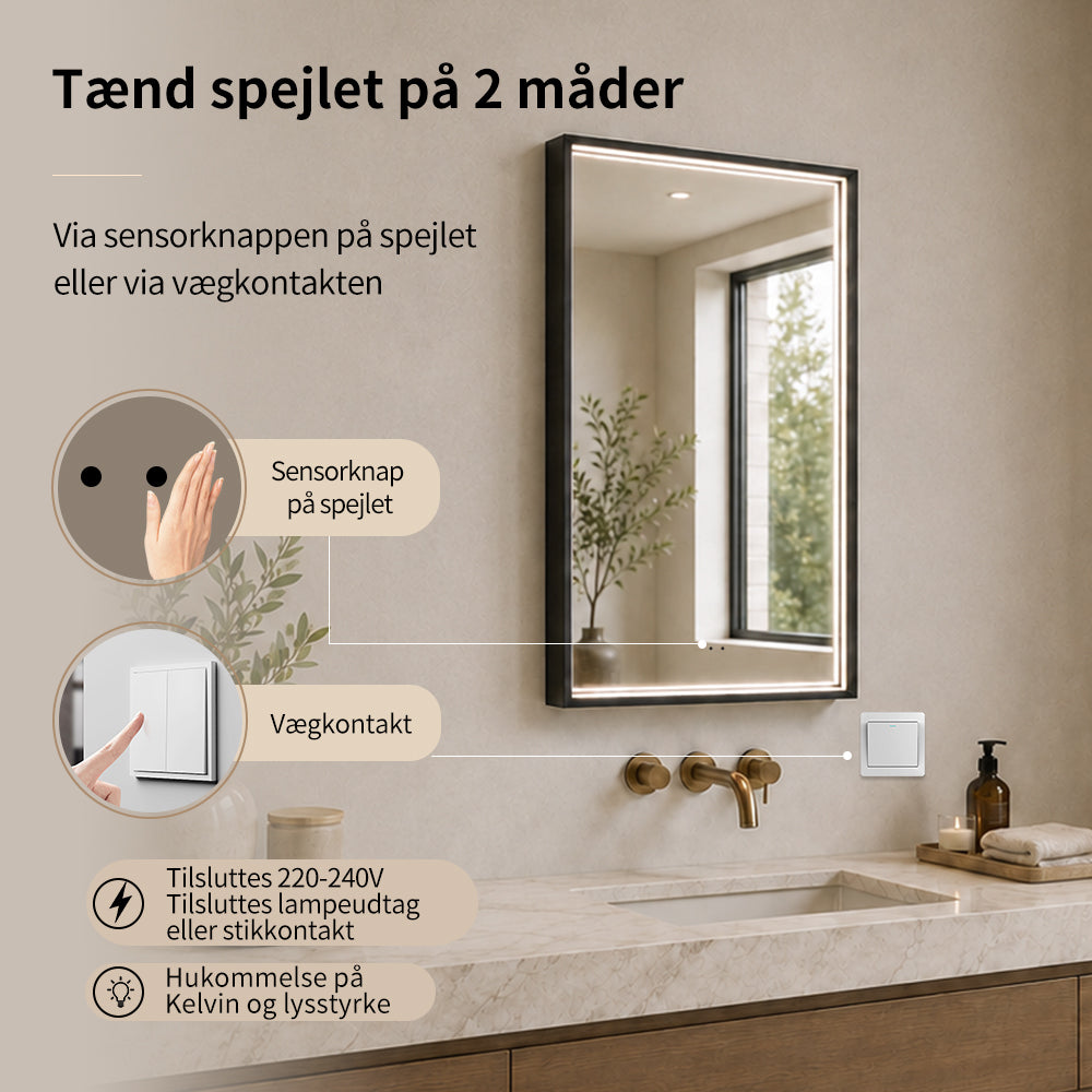 Rektangulært Spejl med LED-lys i Ramme og Antidug 50x80 cm, Sort Ramme