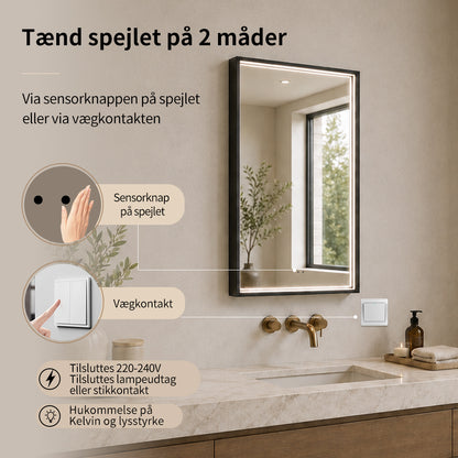 Rektangulært Spejl med LED-lys i Ramme og Antidug 50x80 cm, Sort Ramme